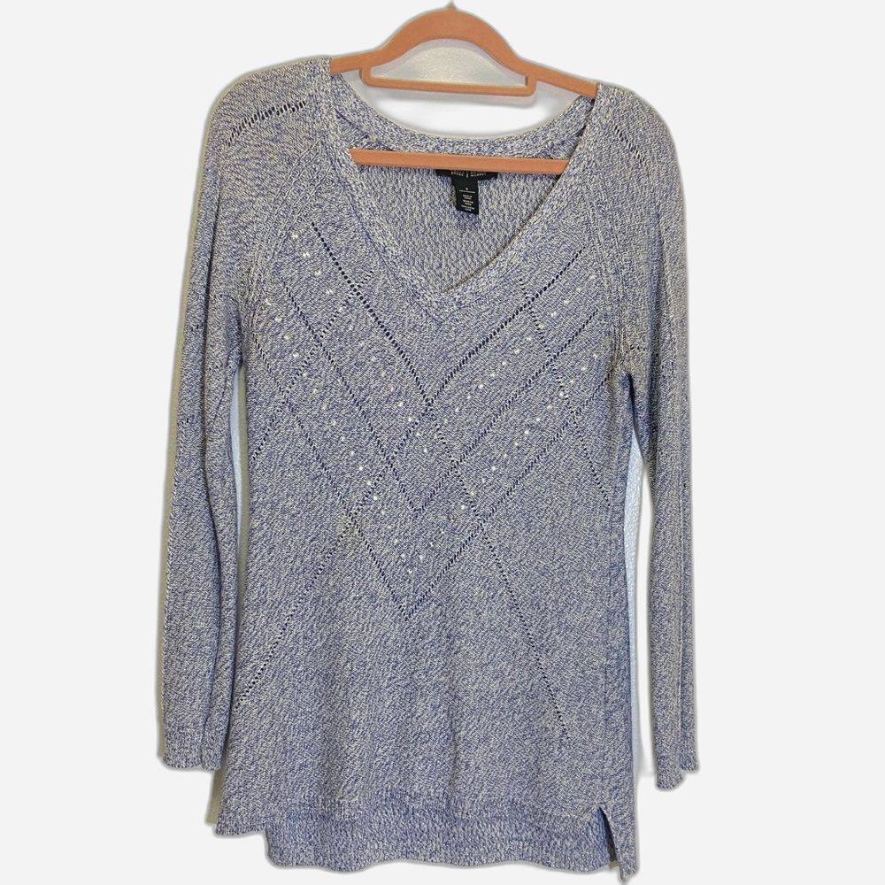 WHBM - Sparkling Sequin Blue & Silver V-Neck Sweater - Women's size S
